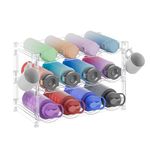 PouHenier.jh Stackable Water Bottle Rack Organizer for Cabinet Tumbler Storage, Large Plastic Bottle Organization Shelf for Kitchen Pantry Countertop, Stable for 40 oz with 2 hooks (3 packs hold 12)