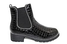 Core Collection WOMENS LADIES LOW BLOCK HEEL CHUNKY SOLE STUDDED ANKLE CHELSEA BOOTS (5 UK, BLACK CROC PATENT PU, numeric_5)