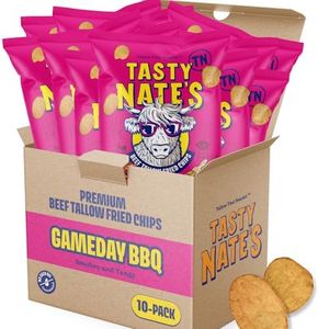 Tasty Nate’s Beef Tallow Potato Chips - Game Day BBQ Flavor Kettle Chips Fried in 100% Beef Tallow Seed Oil Free - Gluten Free Healthy Snacks Paleo Friendly 7oz Bag - Pack of 10
