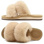 COFACE Womens Slippers with Arch Support Fluff Fax Fur Ladies Slider Slippers Open Toe Plantar Fasciitis Orthopedic Slippers Indoor House Sliders Size 5 Beige