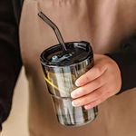 DOCAT Premium Glass Mug Sipper Tumbler with Lid, Straw & Anti-Slip Leather Sleeve- 435ml, Reusable Leak-Proof & Heat Resistant, Perfect for Kids, Glass Tumbler for Hot and Cold Beverages, Pack of 1