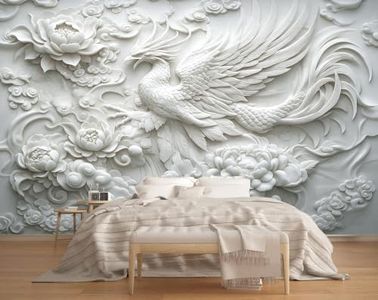 Yuananyy Stereo Relief White Peony Flowers Wall Mural, European Style 3D Wallpaper Mural Peel and Stick, Embossed Phoenix Wall Murals Self‑Adhesive Wallpaper for Bedroom Living Room 195" W x 120" H