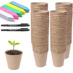 Abimars 100 Pcs 8 cm Biodegradable Fibre Seed Pots for Seedling with 100 Pcs Plastic Plant Color labels, 2 x 10 cm Plant label pen