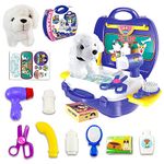 TOYVENTURES Pet Care Play Set Doctor Kit for Kids, 16 Pcs Doctor Pretend Play Vet Dog Grooming Toys Puppy Dog Carrier Feeding Dog Backpack Gift for Girls Boys 3-7 Years Old