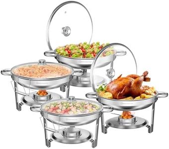 Warmounts 5QT Chafing Dish Buffet Set 4 Pack, Round Chafing Dishes for Buffet with Glass Lid & Lid Holder, Serving Utensils, Stainless Steel Chafers for Catering for Dinner, Parties, Wedding, Camping