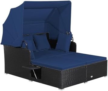 Tangkula Patio Rattan Daybed with Retractable Canopy, Patiojoy Wicker Sun Lounger with 2 Foldable Side Panels, Thick Seat & Back Cushions, for Garden, Backyard, Porch (Navy)