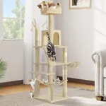 DWVO 64.5" Tall Cat Tree, Multi-Tier Cat Condo with Hammock, Scratching Posts & Play Balls for 2-3 Cats (Beige)