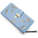 INOVERA (LABEL) Light Blue Vegan Leather Women's Leaf Bi-fold Card Coin Holder Long Purse Clutch Wallet (KK22)