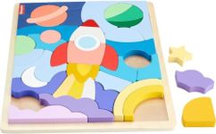 Fisher-Price Preschool Toy Wooden Space Jigsaw Puzzle with Stacking Blocks, 42 Wood Pieces for Sorting Play Ages 3+ Years