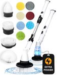 CLEANNINJA Electric Spin Scrubber Cordless With 11 Replaceable Heads - Bathroom Tub Scrubber With Long Handle - Cleaning Brush for Bathroom, White
