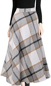Tanming Women's Winter Warm Elastic Waist Wool Plaid A-Line Pleated Long Skirt (LightGrey-L)
