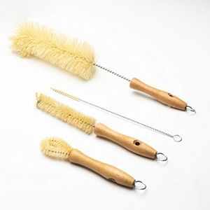 All Natural Bottle Brush and Straw Set (NO Plastic) Sisal Bristles and Wood Handle Bottle Cleaners for Washing Narrow Beer Bottles, Sports/Water Bottles, Tumbler, Kettles, Lid Brush, Long Straw Brush