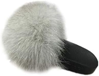LVCOMEFF Women Real Fox Fur Sandals Slides Neon Green Orange Color Slippers Summer Fluffy (light gray, numeric_7)