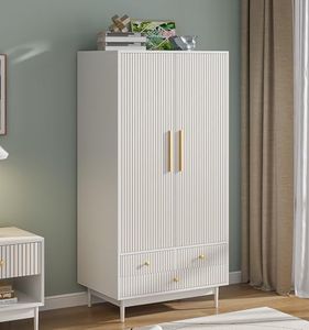 Armoire Wardrobe Closet with Drawers and 2 Fluted Doors 64.96 in Tall Farmhouse Closet Wardrobe Cabinet with Hanging Rod Freestanding Wooden Bedroom Armoire Storage Cabinet with Shelf (White)