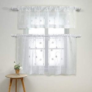 VOGOL Rod Pocket Sheer Kitchen Curtains Valances, Solid Kitchen Curtains Valances Tiers for Windows, 3 Panel, White Flowers