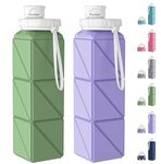 Popdigito 2 pack Collapsible Water Bottles Leakproof Lid –Food-Grade BPA-Free Silicone Travel Bottles–Foldable Water Bottle 610ml for Travel Gym,Hiking,Sports,Camping,Biking School Portable Reusable