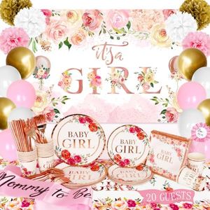 Floral Baby Shower Decorations for Girl-Pink and Gold Baby Shower Decor kit with It's a Girl Backdrop and Baby Girl Plates and Napkins for Sweet Baby Girl Shower Supplies Serves 20 Guests