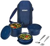 Amazon Brand - Solimo Stainless Steel Microwave Safe Lunch Box Set of 5 | 3 Containers (470ml, 330ml, 230ml) with Cutlery | 100% Food Grade | Easy to Clean | for Office, School, Travelling (Blue)