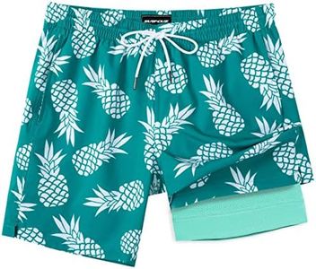 SURF CUZ Mens Swim Trunks with Compression Liner Quick Dry Swim Shorts 7" Swimming Trunks Stretch Zipper Pockets, Green White Pineapple, Medium