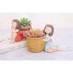 the Mls Resin Combo Cute Dreaming Girl with Basket Designed Resin Pots Succulent Planter Flower Pot Creative Gamla Home and Garden Decor Set of 2, Assorted