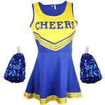 Cheerleader Fancy Dress Outfit Uniform High School Dress Uniform Costume With Pom Poms Blue And Yellow Cheerleader Extra Large