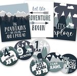 Hadley Designs - 6 Reversible Adventure Wall Decor Prints Nursery Decor, 20 Monthly Baby Milestone Stickers, Baby Shower Decorations