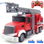 QuirkyGlee 1/24 RC Fire Truck, 7 Channel Remote Control Firetruck, with Lights Working Water Pump and Rotating Rescue Ladder, Two Rechargeable Batteries, RC Fire Truck Toy for Kids Boys Gift