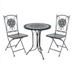 Charles Bentley Garden Blue Mosaic 3 Piece Dining Set, With Folding Chairs, Outdoor, Patio, Conservatory, Foldable Chairs, Antirust Finish, Interwoven Seat, 2 Person, Round Table, Robust (60x60x91cm)