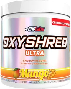 EHP Labs OxyShred Pre Workout Powder - Preworkout Powder with L Glutamine & Acetyl L Carnitine, Energy Boost Drink - Mango, 60 Servings