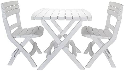 Camco Outdoor Table and Chair Set | Features Foldable Design for Compact RV Storage and Organization | Great for Camping, Events, Patios, and More | No-Tool Assembly | 3-Piece, White (51640)