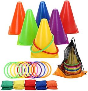 Win SPORTS 3 in 1 Carnival Outdoor Games Combo Set,Soft Plastic Cones Cornhole Bean Bags Ring Toss Game for Kids Birthday Party Outdoor Games Supplies 26 Piece Set