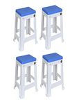 PETALS Mega Plush Stools, Combo of Plastic Seating Stool for Home, Bedroom, Bathroom & Kitchen, Set of 4 (White & Blue)