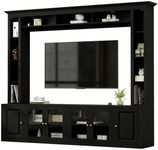 BosomHug Entertainment Center TV Stand Media Console, Large Wall Unit with Bookshelves and Storage, Black MDF with Tempered Glass