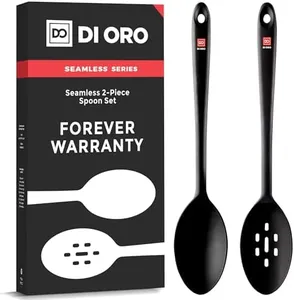 DI ORO Silicone Spoons for Cooking - Large Kitchen Spoons for Mixing, Serving, & Stirring - 600°F Heat-Resistant Non Stick Utensils – Big Solid & Slotted Basting Spoons - Dishwasher Safe (2pc, Black)