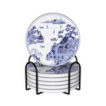 keluki 6 Pcs Ceramic Coasters with Holder Absorbent Drink Coasters,Round Ceramic China Blue and White Porcelain Royal Collection Design Coasters for Home Table Coffee Cup Wine Beer Bar,Size 4 inches