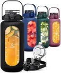 AQUAFIT Glass Water Bottles 64 Oz with Time Marker - 2in1 Straw and Chug Lid - Half Gallon Water Bottle with Silicone Sleeve and Handle, Leakproof Water Bottle (64 oz - 2in1 Lid, Midnight Black)