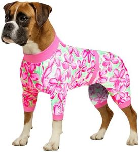LovinPet Pitbull Pet Outfit, Post Surgery Recovery Pajamas for Dogs, Reflective Stripe, Full Coverage Dog Onesie, Breathable & Stretchy Fabric, Pink Daisy Print, Pajamas for Big Dogs, Pink/Green, M