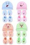 MOM's DARLING(Pack Of 4 Pairs) Newborn Baby Caps,Mittens&Booties Combo Set For 0-6 Months Baby|Baby Gloves&Socks Set|Baby Shower Gift|Designs&Colors Are Same As In Photo.,Multicolor