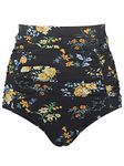 RELLECIGA Women's Black-Yellow Floral High Waisted Hipster Bikini Swimsuit Bottom Ruched Swim Bottom Size Small