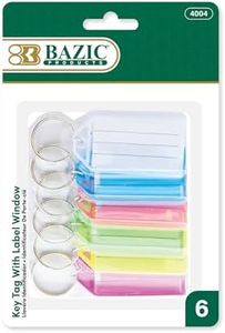 BAZIC Key Tag Label Window, Assorted Color Tags, Plastic Key Holder Key Ring, Identifier Name Number Address Information Label Card (6/Pack), 1-Pack