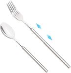 2PCS Extendable Fork Spoon, Telescopic Stainless Steel Dinner Long Forks Extends to 25 Inches, BBQ Fruit Dessert Long Handle Fork Spoon Cutlery Set