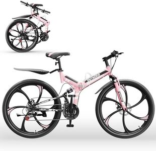 Outroad 26 Inch Folding Mountain Bike for Adults/Men/Women, 21 Speed Full Suspension High-Carbon Steel MTB Foldable Bicycle, Dual Disc Brake Non-Slip Folding Bikes, Pink
