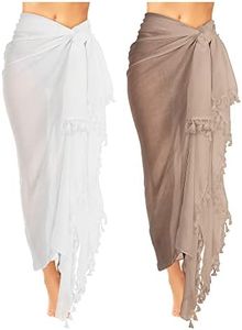 2 Pieces Women Beach Batik Long Sarong Swimsuit Cover up Wrap Pareo with Tassel for Women Girls, White, Khaki, X-Large