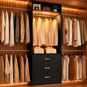 AXCIGOC Wooden Closet System with LED Light 11FT Closet Organizer with 3 Wooden Drawers Walk-in Closet Organizer System with Tower and 4 Extendable Hanging Rods Black