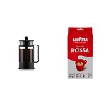 BODUM Kenya 3 Cup French Press Coffee Maker, Black, 0.35 l, 12 oz & Lavazza Qualità Rossa, Ground Coffee Espresso, Arabica and Robusta Medium Roast 500 g Pack