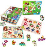 Wooden Peg Puzzles for Toddlers, 6 Pack Wooden Jigsaw Set for Kids Animals, Vehicles, Ocean, Dinosaur, Fruits and Farm, Preschool Educational Learning Gift Toys for Boys & Girls