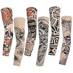 Konsait 6pcs Nylon Fake Temporary Tattoo Sleeves Adult Women Men Slip on Elastic Arm Stockings Unisex Party Halloween Tattoo Biker Sun Block Sleevelet Rose Skulls Tribal