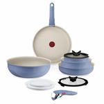 Tefal Ingenio Blue 11-Piece Non-Stick Cookware Set – Induction Frying Pans, Wok, Saucepans with Glass Lids, Detachable Handles, Oven Safe, Stackable, L829SB04