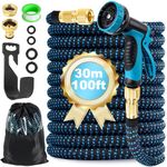 Expandable Garden Hose Pipe 30m 100ft, Expanding Hosepipes for Garden Water Hose with 1/2" 3/4" Connectors, 10 Function Spray Gun, Holder, Flexible Retractable Magic Hoses for Gardening Car Washing