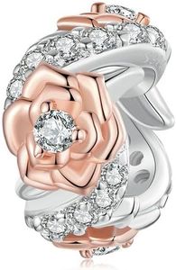 Perle d'arrêt rose pour bracelet Pandora en argent sterling 925 et or rose, Zircone cubique, Zircone cubique